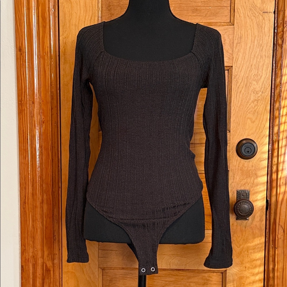 Forever 21 Black Ribbed Long Sleeve Bodysuit